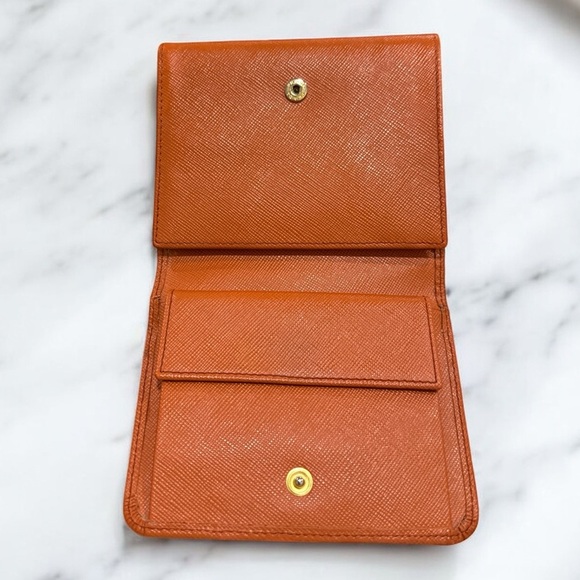 PRADA Saffiano Leather Bifold Wallet Orange Gold Logo Designer Authentic Compact - Picture 6 of 10
